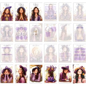 Vision Book Witchy Planner with 35 planner pages, 82 mystical illustrations, and 16 sticker sheets. Letter-sized printable set for vision boards, manifestation journals, and spiritual notebooks. Includes commercial use for physical products.