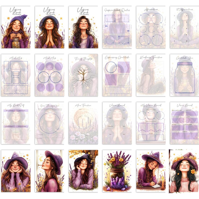 Vision Book Witchy Planner with 35 planner pages, 82 mystical illustrations, and 16 sticker sheets. Letter-sized printable set for vision boards, manifestation journals, and spiritual notebooks. Includes commercial use for physical products.