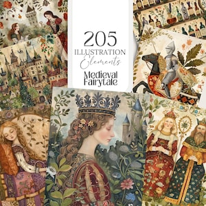 Può includere: Una collezione di 205 illustrazioni digitali con elementi di fiaba medievale. Le illustrazioni includono un castello, un cavaliere a cavallo, una regina, una principessa e una scena di bosco.