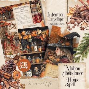 Op de afbeelding: Een collage van illustraties in vintage stijl met een herfstthema. Bevat een heks met een hoed, een plank met potten en tekst met de tekst "Abundance at Home Spell" en "Intention Envelope Junk Journal". Het kleurenpalet is warm met oranje en bruin.