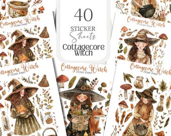 Puede incluir: Un conjunto de 40 hojas de pegatinas con ilustraciones de brujas cottagecore. Las pegatinas presentan brujas, setas, pociones y otros elementos mágicos en un estilo acuarela.