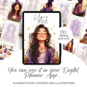 Vision Book Witchy Planner with 35 planner pages, 82 mystical illustrations, and 16 sticker sheets. Letter-sized printable set for vision boards, manifestation journals, and spiritual notebooks. Includes commercial use for physical products.