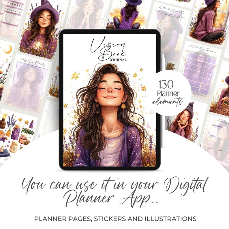 Vision Book Witchy Planner with 35 planner pages, 82 mystical illustrations, and 16 sticker sheets. Letter-sized printable set for vision boards, manifestation journals, and spiritual notebooks. Includes commercial use for physical products.