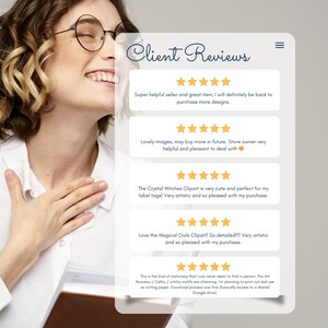 May include: A digital screen displays customer reviews with five-star ratings. The reviews praise the seller's helpfulness and the artistic quality of the clip art, mentioning 'Crystal Witches Clipart' and 'Magical Owls Clipart'. The text also mentions Art Nouveau and Celtic motifs.