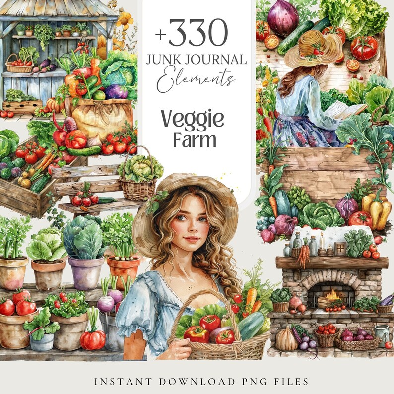 Veggie farm gardening PNG set with over 330 elements. Includes clipart, ephemera, and border pages ideal for junk journaling, scrapbooking, grimoire pages, and green witch rituals. Designed for spring, summer, and botanical craft projects.