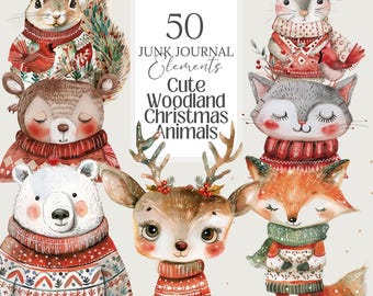 Adorable Woodland Christmas Animals Clipart | 50 Watercolor PNG Images for Crafts, Planners, Cards & More