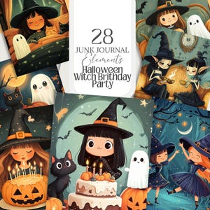 Joli ensemble de fête d'anniversaire de sorcière d'Halloween | Dessin animé 28 illustrations PNG pour invitations, cartes, scrapbooking, étiquettes, art et travaux manuels