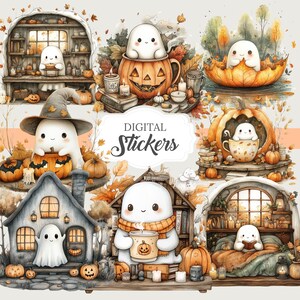 Collection of 100+ adorable cute fall autumn ghost watercolor PNG images, perfect for scrapbooking, planners, grimoire covers, Books of Shadows, and cozy autumn crafts