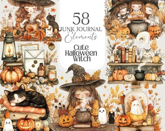 May include: A set of 58 digital illustrations featuring a cute Halloween witch theme. The illustrations include a witch with a black cat, a cauldron, pumpkins, books, a ghost, a lantern, and other Halloween elements. The illustrations are perfect for adding a touch of whimsy to your digital projects.
