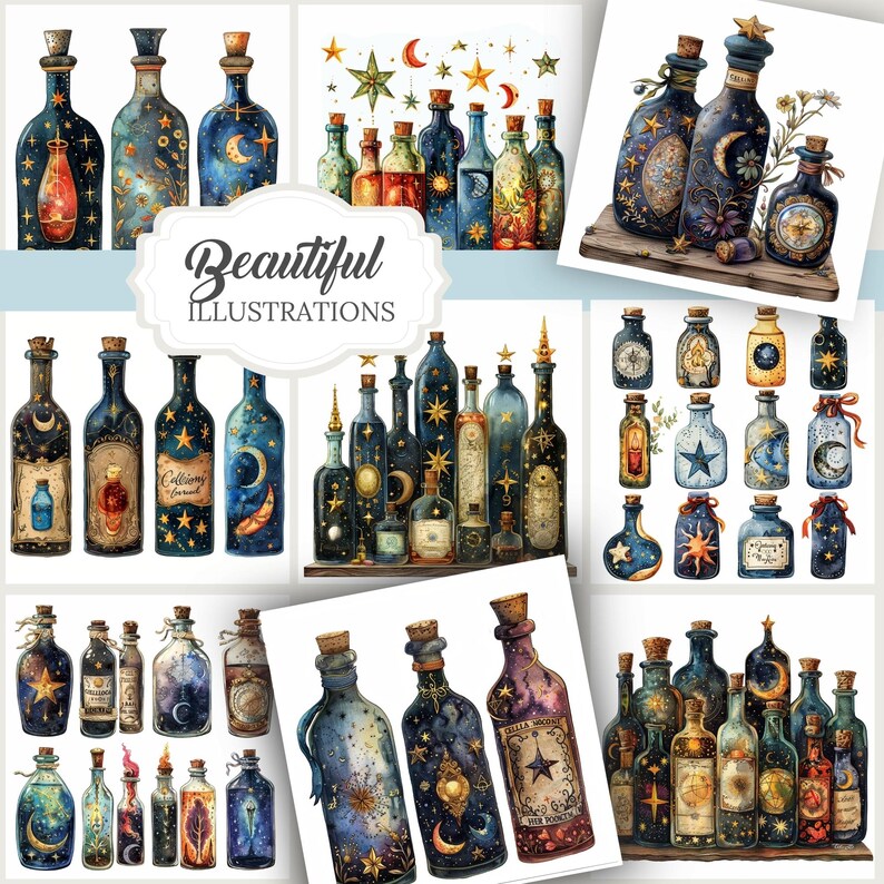 Moon celestial astrology clipart featuring vintage witchy designs. Includes 20 PNG images with transparent backgrounds, perfect for digital grimoires, junk journals, planners, and more. Commercial use allowed for crafting and creative projects