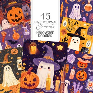 Lindos garabatos de Halloween Clipart / 45 divertidas ilustraciones PNG, calcomanías digitales, diario basura para niños, planificador, manualidades, tarjetas, etiquetas para uso comercial