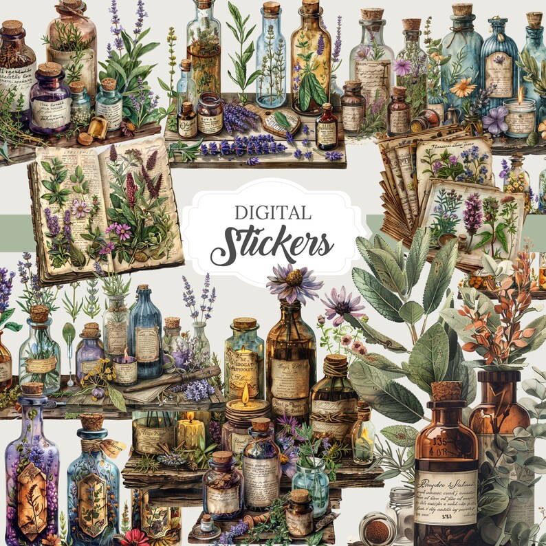 May include: A collection of digital stickers featuring vintage apothecary bottles, herbs, and botanical illustrations. The image showcases various glass bottles with cork stoppers, filled with colorful liquids and herbs, alongside open books and sprigs of lavender. The text "DIGITAL Stickers" is displayed.