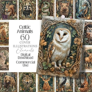 May include: A digital download featuring 60 Celtic animal cover illustrations. The artwork includes a detailed owl illustration, surrounded by a decorative frame. The image also includes other animal illustrations, such as a squirrel, raccoon, and snake.
