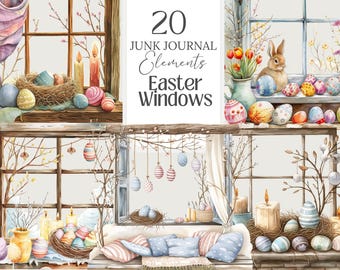 May include: 20 digital illustrations of Easter windows with a watercolor style. The windows feature various Easter decorations, including eggs, bunnies, nests, and flowers. The windows are set against a light gray background.