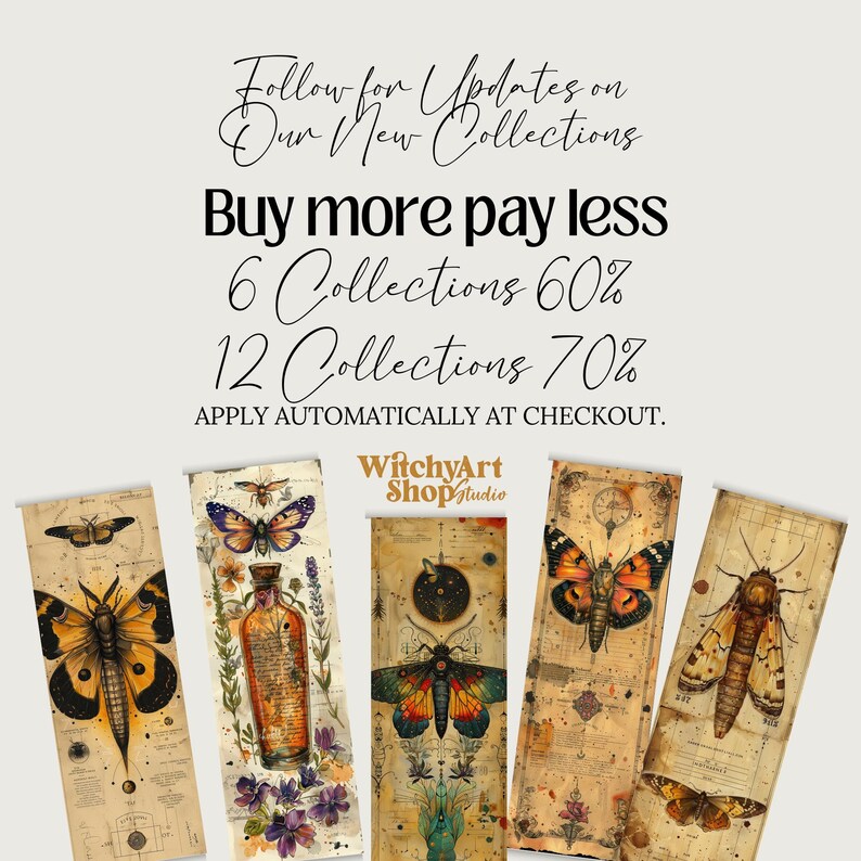 Collection of 28 Vintage Moth Specimen Celtic Botanical Witchy Apothecary PNG images with a 1:3 ratio. Perfect for bookmarks, tags, labels, junk journals, grimoire bookmarks, scrapbooking, illustrations, clipart, sublimation, stickers, and ephemera