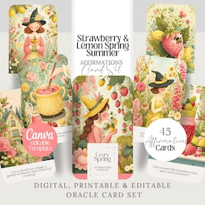 Tarjetas de afirmación de primavera de fresa, PNG, limón, verano, bruja, imprimible, baraja de cartas, cabaña, editable, Tarot, linda bruja, adivinación, oráculo, conjunto de cartas