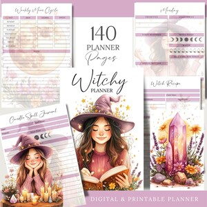 May include: A printable planner with 140 pages for witches. The cover features a cartoon illustration of a witch with a purple hat and a book. The text "Witchy Planner" is written in pink and purple lettering.