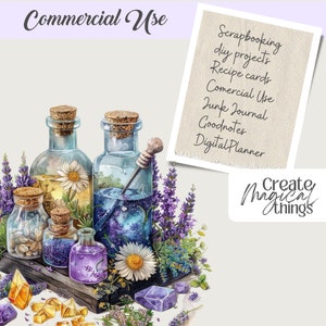 May include: Watercolor illustration of apothecary bottles with cork stoppers, filled with colorful liquids and flowers. The image includes text that says "Commercial Use" and a list of uses including "Scrapbooking" and "Digital Planner". The phrase "Create Magical Things" is also present.