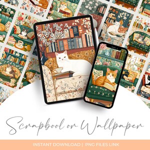 Cats and Books Cottagecore Clipart featuring 40 PNG files sized 5x7”. Includes cozy, romantic designs for junk journaling, scrapbooking, planners, and wall art. High-resolution files with commercial use license for digital and print projects.