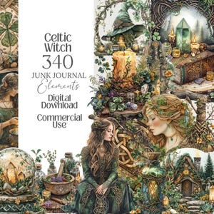 May include: Digital download of Celtic Witch junk journal elements. The image features illustrations of a witch's hat, candles, crystals, and a woman in a green dress. The text on the image reads "Celtic Witch 340 Junk Journal Elements Digital Download Commercial Use."
