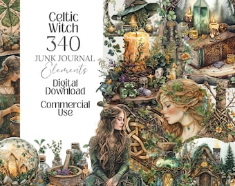 Celtic Witch PNG Clipart: Watercolor Green Magic Ephemera (Digital Download)