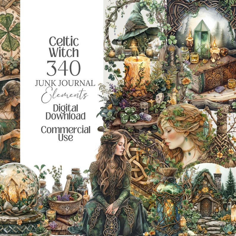 May include: Digital download of Celtic Witch junk journal elements. The image features illustrations of a witch's hat, candles, crystals, and a woman in a green dress. The text on the image reads "Celtic Witch 340 Junk Journal Elements Digital Download Commercial Use."