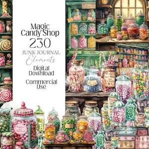 Pode incluir: Ilustração em aquarela de uma loja de doces mágica cheia de potes de doces coloridos. A imagem inclui o texto "Magic Candy Shop 230 Junk Journal Elements Digital Download Commercial Use."