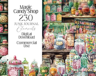 May include: Watercolor illustration of a magic candy shop filled with jars of colorful candies. The image includes text that reads "Magic Candy Shop 230 Junk Journal Elements Digital Download Commercial Use."