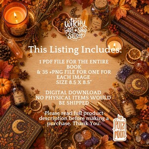 May include: A digital download listing featuring a collection of autumn-themed items including candles, dried leaves, crystals, and pens. The text reads: This Listing Includes: 1 PDF FILE FOR THE ENTIRE BOOK & 35 +PNG FILE FOR ONE FOR EACH IMAGE SIZE 8.5 X 8.5"