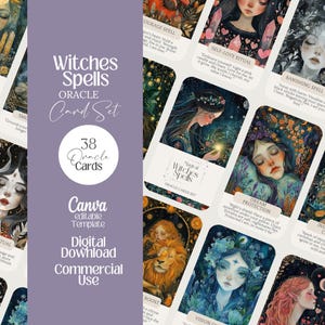 May include: A digital download of a "Witches Spells" Oracle Card Set. The set includes 38 cards with illustrations and text. The design features a purple background with the words "Witches Spells" and "Oracle Card Set". The cards are for commercial use.