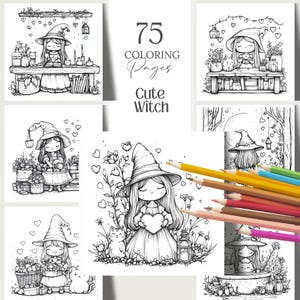Cute Witchy Cottagecore Coloring Pages 75 PNG files sized 3000x3000px. Includes magical and whimsical designs for coloring, junk journaling, scrapbooking, and cozy crafts. files with commercial use license for digital and print projects.