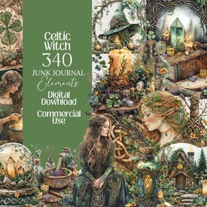 May include: Digital download of Celtic Witch 340 Junk Journal Elements. The image features a collage of illustrations with a green and brown color scheme. The illustrations include a witch's hat, candles, and women in green dresses. The text includes "Digital Download" and "Commercial Use."