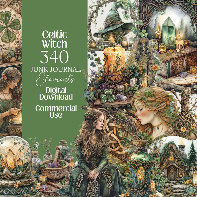 May include: Digital download of Celtic Witch 340 Junk Journal Elements. The image features a collage of illustrations with a green and brown color scheme. The illustrations include a witch's hat, candles, and women in green dresses. The text includes "Digital Download" and "Commercial Use."