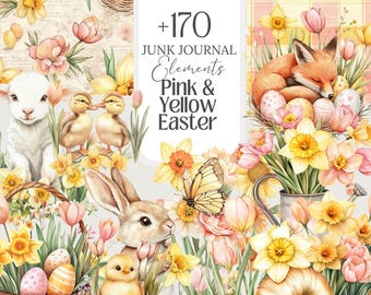 May include: Over 170 pink and yellow Easter themed junk journal elements.  Includes a fox, bunny, chicks, ducks, snail, butterfly, daffodils, tulips, eggs, and a basket.