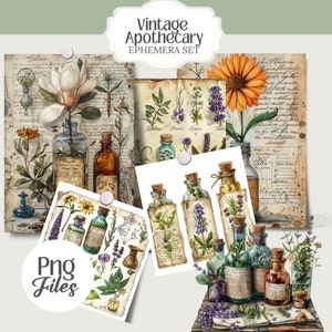 May include: Vintage apothecary ephemera set featuring botanical illustrations, antique bottles, and handwritten text. The image includes PNG files with various floral and herbal designs, perfect for crafting and scrapbooking projects.
