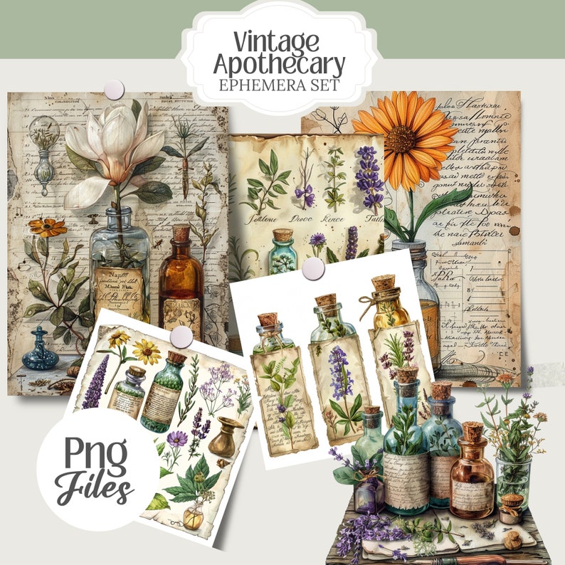 May include: Vintage apothecary ephemera set featuring botanical illustrations, antique bottles, and handwritten text. The image includes PNG files with various floral and herbal designs, perfect for crafting and scrapbooking projects.