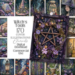 Häxverktyg Grimoireomslag png-set Digitala illustrationer Digital Grimoire Naturlig Häxig Väggkonst Planner Häxskräpjournal Papper, Kort