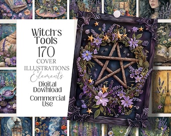 Witch tools Grimoire Covers png Set Digital illustrations Digital Grimoire Natural Witchy wall Art Planner witch junk journal paper, cards