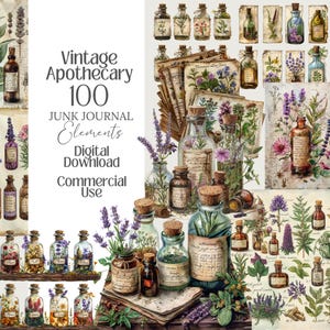 May include: A digital download featuring vintage apothecary elements. The image showcases numerous glass bottles with cork stoppers, filled with herbs and flowers. The bottles are arranged with botanical illustrations and the text "Vintage Apothecary 100 Junk Journal Elements Digital Download Commercial Use".