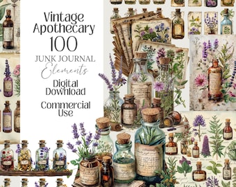 Vintage Apothecary Green Witch Ephemera png Junk Journal bundle, for Witchy Planner, book of shadows, Digital Grimoire, Printable Paper