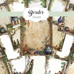 Whimsical Celtic witch-themed watercolor PNG images, including  elements like border pages, clipart, and ephemera. Perfect for Book of Shadows, Grimoire, junk journals, scrapbooks, and witchy planner designs. green witch projects.