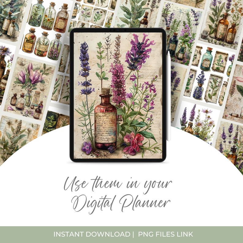 May include: Digital art featuring a tablet displaying botanical illustrations of lavender and other flowers with a vintage apothecary bottle. Surrounding the tablet are additional botanical images and bottles. Text reads "Use them in your Digital Planner".