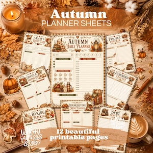 Op de afbeelding: Een verzameling printbare plannerbladen met herfstthema-illustraties. De set bevat een dagplanner, familiereceptkaart, boodschappenlijst, projecttracker, wachtwoordtracker, baktracker, thanksgiving-menuplanner en een schuldentracker.