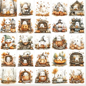 Collection of 100+ adorable cute fall autumn ghost watercolor PNG images, perfect for scrapbooking, planners, grimoire covers, Books of Shadows, and cozy autumn crafts