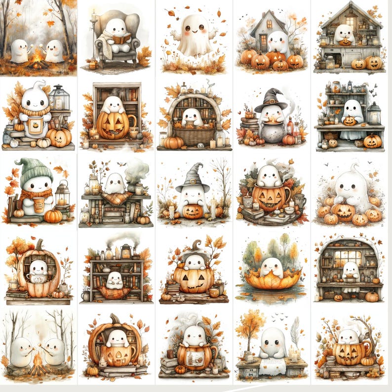 Collection of 100+ adorable cute fall autumn ghost watercolor PNG images, perfect for scrapbooking, planners, grimoire covers, Books of Shadows, and cozy autumn crafts