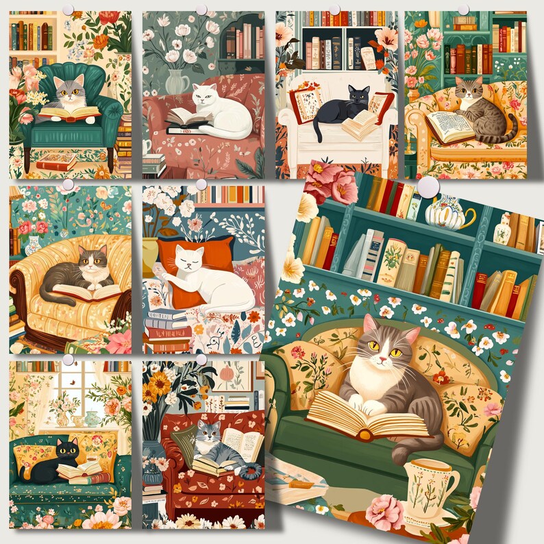 Cats and Books Cottagecore Clipart featuring 40 PNG files sized 5x7”. Includes cozy, romantic designs for junk journaling, scrapbooking, planners, and wall art. High-resolution files with commercial use license for digital and print projects.