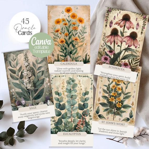 Herbal Whispers Botanical Oracle Cards, Printable Deck, Editable