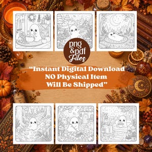 May include: Six black and white line art colouring pages featuring a cute ghost character in various autumn settings, including a cosy room, a forest with an umbrella, a moonlit night, a path, raking leaves, and watching television.