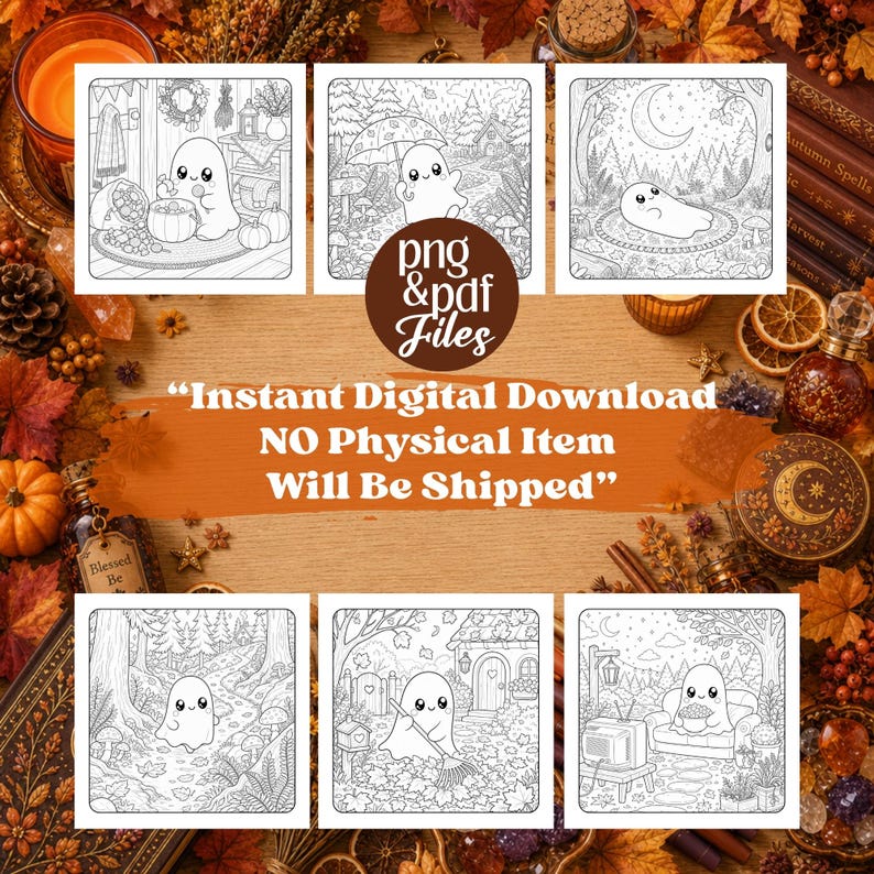 May include: Six black and white line art colouring pages featuring a cute ghost character in various autumn settings, including a cosy room, a forest with an umbrella, a moonlit night, a path, raking leaves, and watching television.