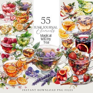 May include: 55 watercolor illustrations of teacups filled with various ingredients, including flowers, berries, and spices. The illustrations are perfect for adding a touch of whimsy to your junk journal or other craft projects.  The text "Junk Journal Elements Magical Witchy Tea" is included in the image.
